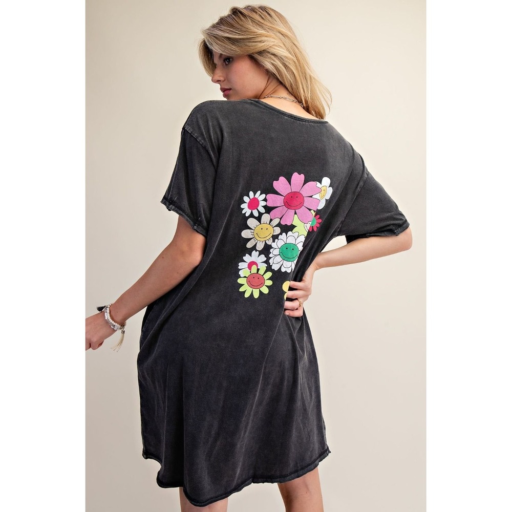 Easel Floral Mineral Washed Black Tunic Dress Sz M